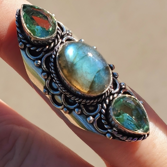New Labradorite & Tsavorite 925 Silver Statement Ring. - Picture 4 of 14